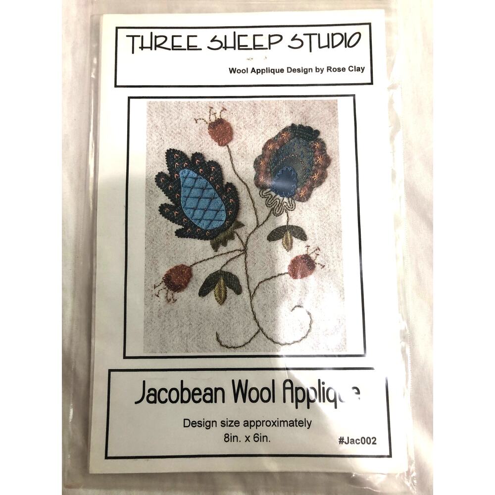 Three Sheep Studio Jacobean Wool Floral Applique Pattern Jac002 Rose Clay 8x6